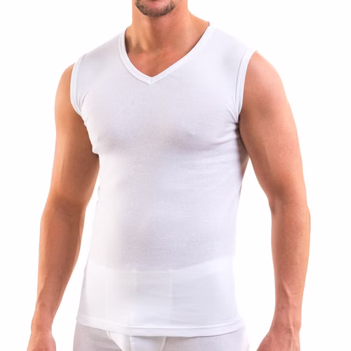 Herren Muskelshirt aus Baumwolle mit V-Ausschnitt weiß Herren Muskelshirt aus Baumwolle mit V-Ausschnitt weiß
