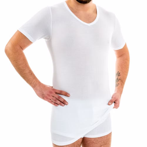 Extralanges Herren kurzarm Shirt V-Ausschnitt weiß Extralanges Herren kurzarm Shirt V-Ausschnitt weiß