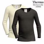 Kinder langarm Shirt Rundhals aus Merinwolle/Tencel, extra warm Kombi natur und schwarz mit Logo Kinder langarm Shirt Rundhals aus Merinwolle/Tencel, extra warm Kombi natur und schwarz mit Logo