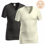 Herren kurzarm Shirt mit V-Ausschnitt aus Merinowolle / Tencel schwarz/natur mit Logo Herren kurzarm Shirt mit V-Ausschnitt aus Merinowolle / Tencel schwarz/natur mit Logo