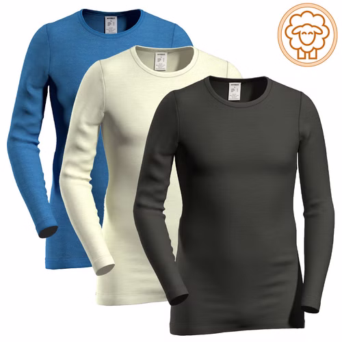 Herren langarm Shirt aus Merinowolle / Tencel schwarz/ natur/ enzianblau Logo Herren langarm Shirt aus Merinowolle / Tencel schwarz/ natur/ enzianblau Logo