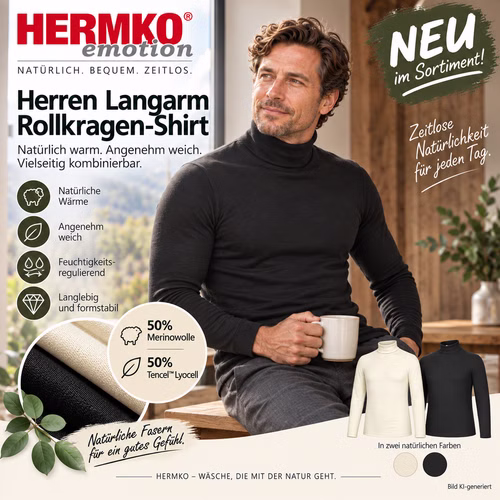 Herren langarm Rolli aus Merinowolle KI Plakat Herren langarm Rolli aus Merinowolle KI Plakat