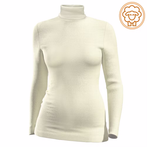 Damen langarm Shirt mit Rollkragen Merinwolle natur mit Logo Damen langarm Shirt mit Rollkragen Merinwolle natur mit Logo