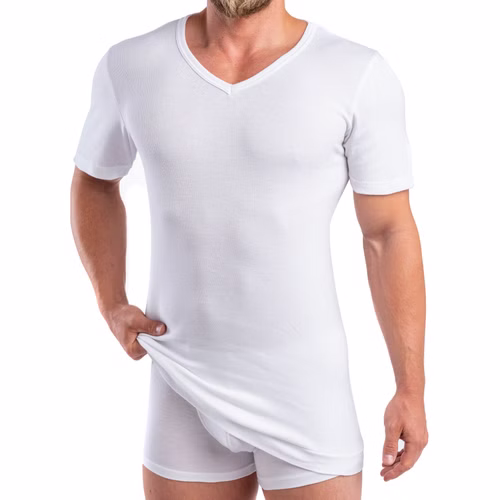 Extralanges Herren kurzarm Shirt +6 cm V-Neck mit Bund als Abschluss weiß Extralanges Herren kurzarm Shirt +6 cm V-Neck mit Bund als Abschluss weiß