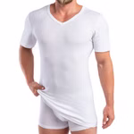 Extralanges Herren kurzarm Shirt +6cm V-Neck mit Bund als Abschluss weiß