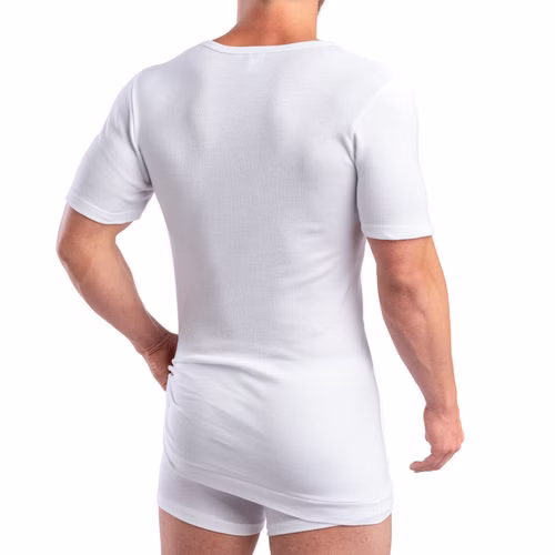 Extralanges Herren kurzarm Shirt +6cm V-Neck mit Bund als Abschluss weiß Extralanges Herren kurzarm Shirt +6cm V-Neck mit Bund als Abschluss weiß