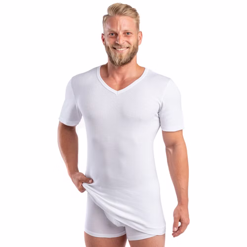 Extralanges Herren kurzarm Shirt +6cm V-Neck mit Bund als Abschluss weiß Extralanges Herren kurzarm Shirt +6cm V-Neck mit Bund als Abschluss weiß