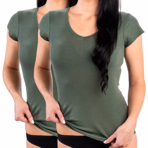 Damen kurzarm Funktionsshirt mit V-Neck olive Damen kurzarm Funktionsshirt mit V-Neck olive