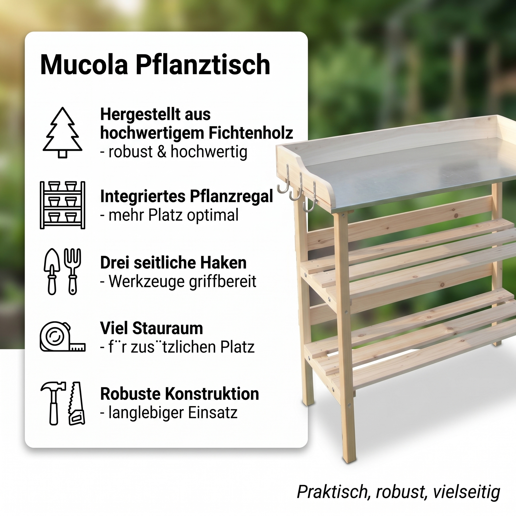 Gartenarbeitstisch Beistelltisch Pflanzregal Garten Gewächshaus 3 Haken