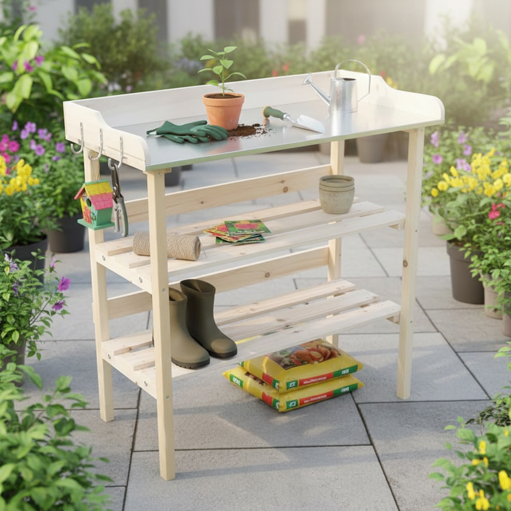 Gartenarbeitstisch Beistelltisch Pflanzregal Garten Gewächshaus 3 Haken