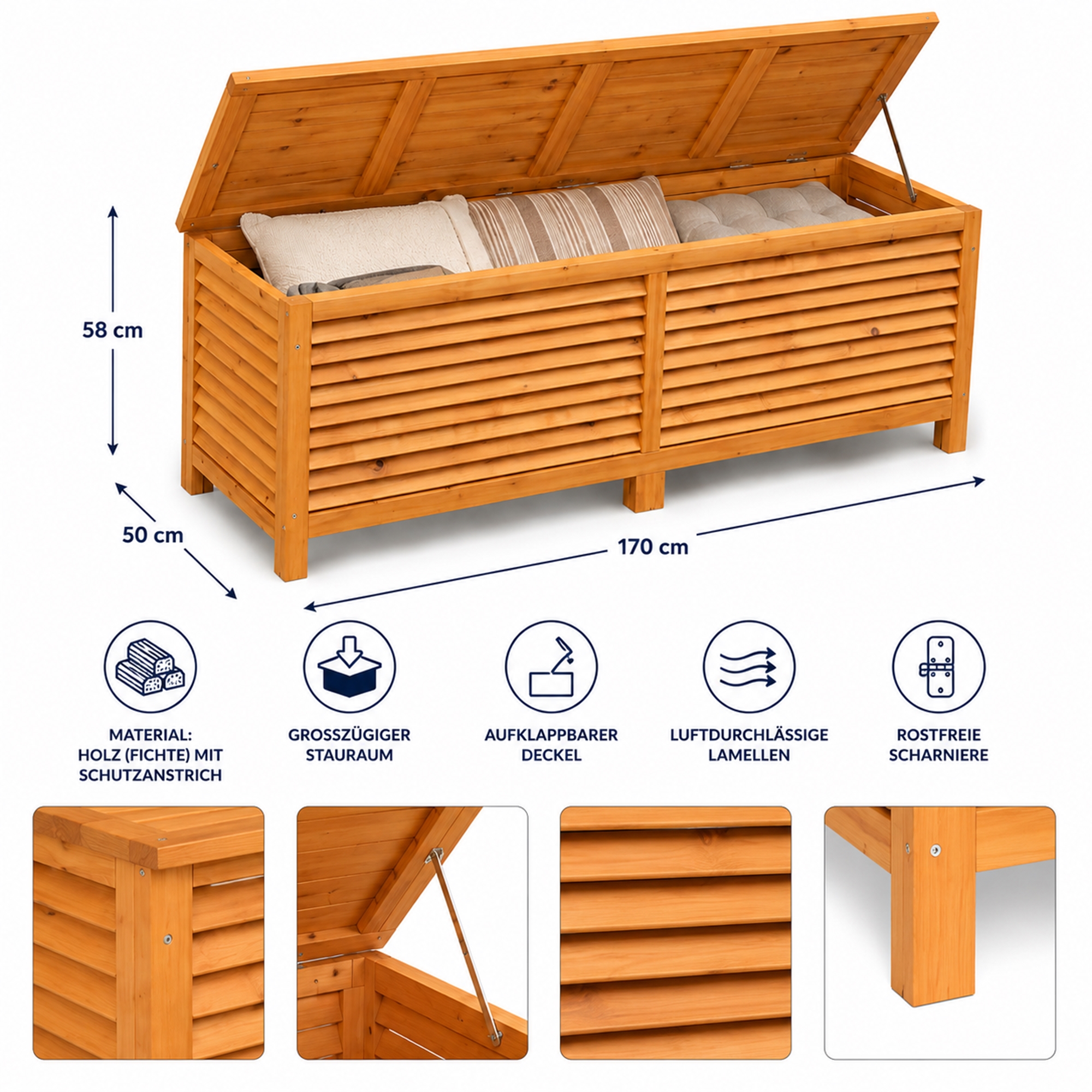 Auflagenbox Gartenbox Gartentruhe Kissenbox Holztruhe Bank XXL Holz Truhe