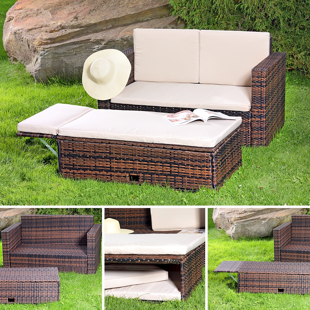 Lounge Zweisitzer Garten Sofa klappbare Bank Tisch Sessel Gartenmöbel braun