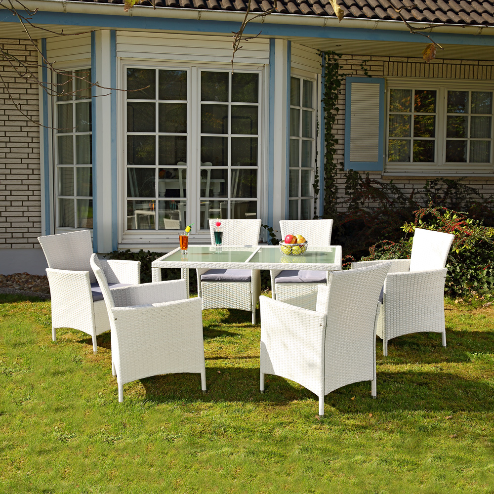 Poly Rattan Sitzgruppe 6 Stühle + Tisch in Weiß
