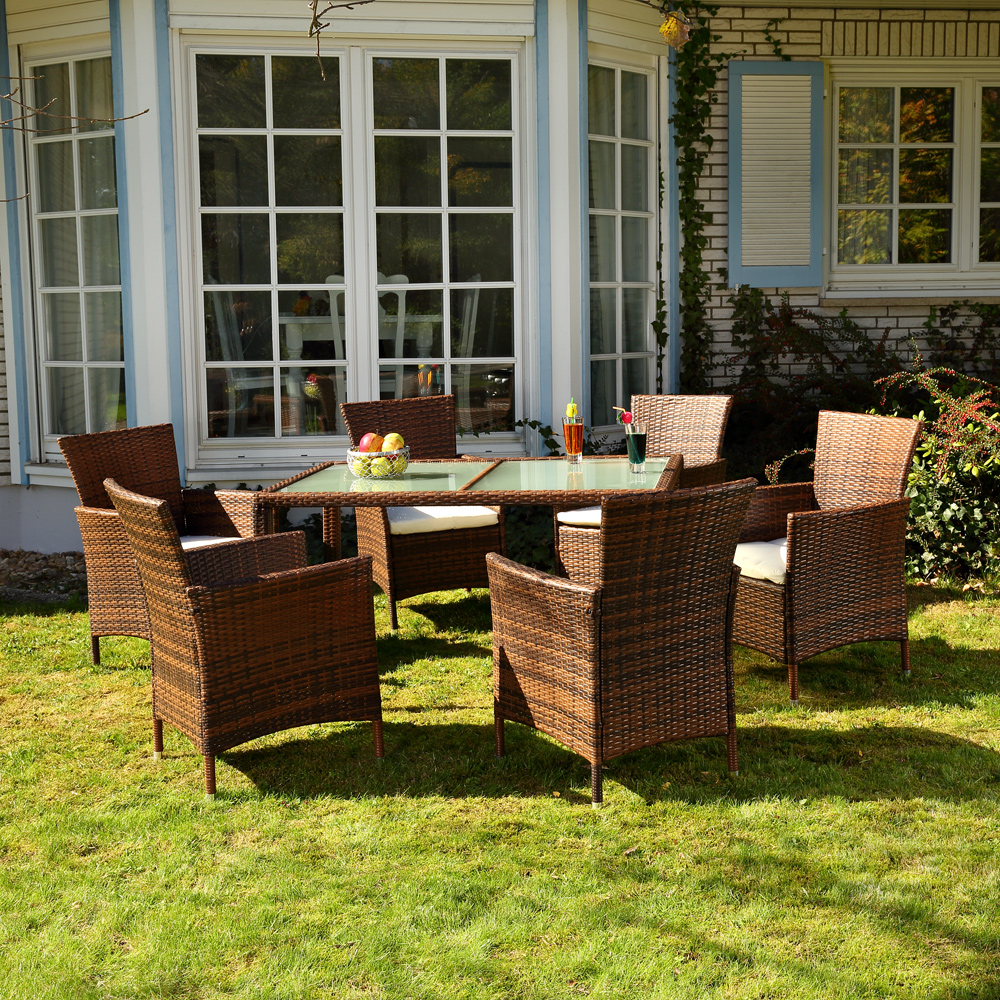 Poly Rattan Sitzgruppe 6 Stühle + Tisch in Braun