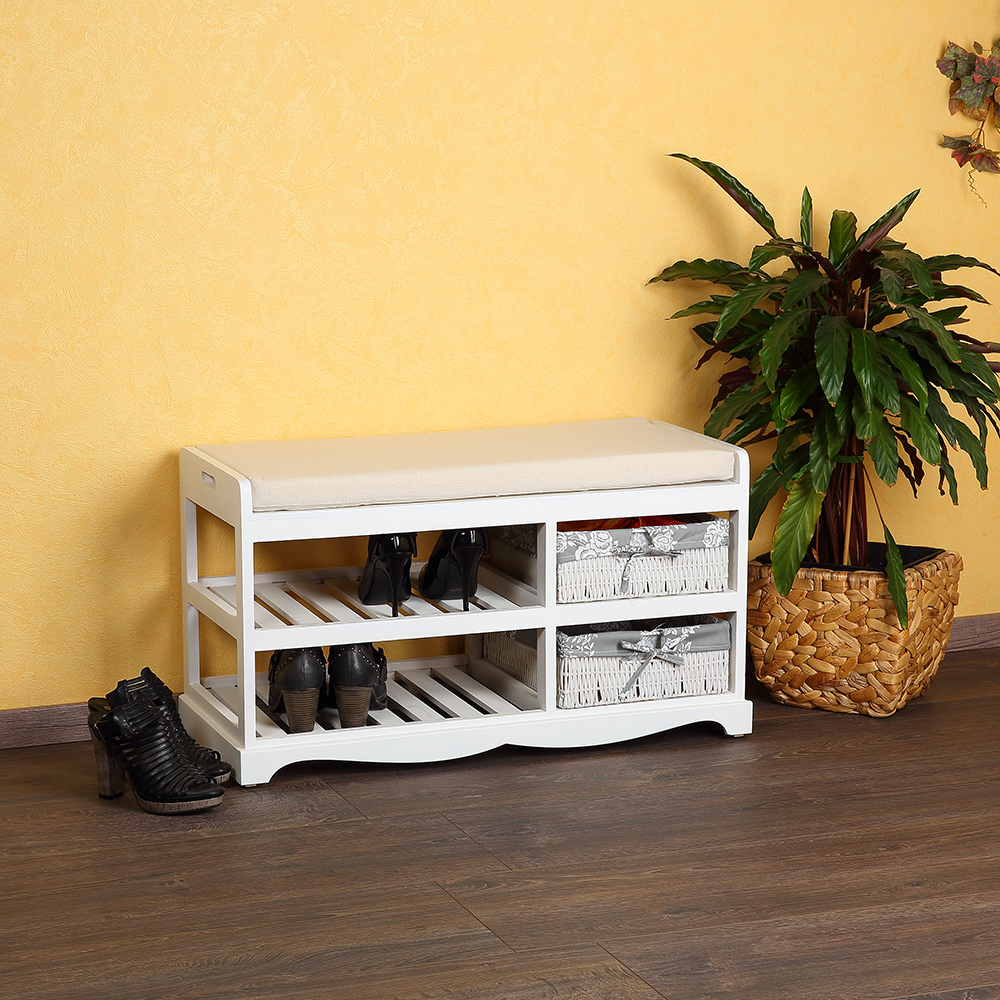 Schuhablage + Sitzbank ink Körben Kissen Holz Weide Schuhregal Weiß Schuhständer