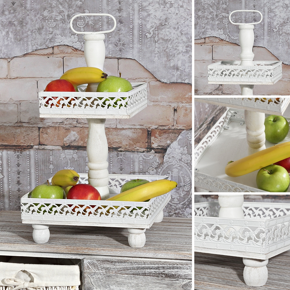 Etagere 2 Stöckig Etagen Metall Vintage Standetagere XXL 51cm Weiß obstschale
