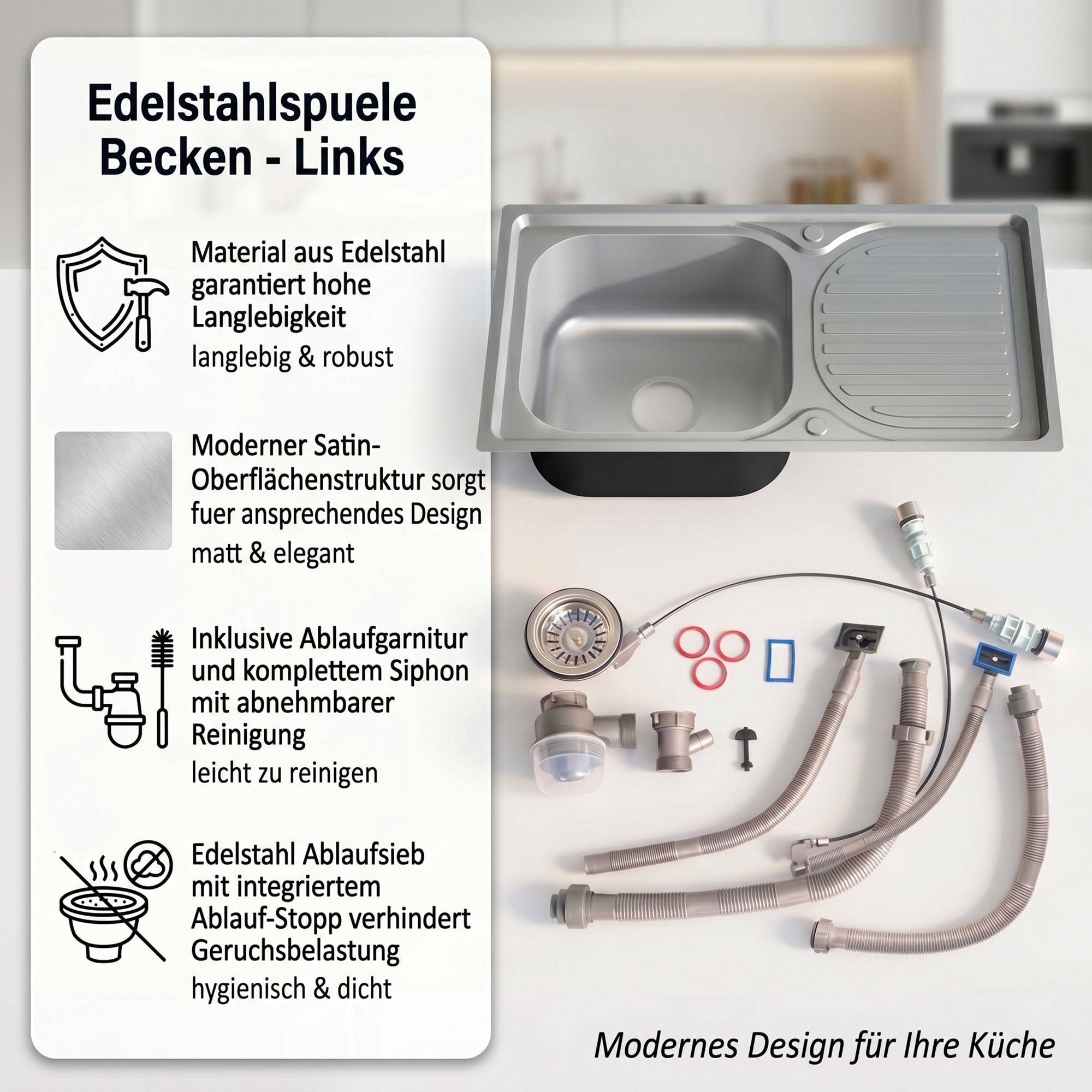 Einbauspüle Spülbecken 76 cm Edelstahlspüle eckig links Ablage Küchenspüle Spüle
