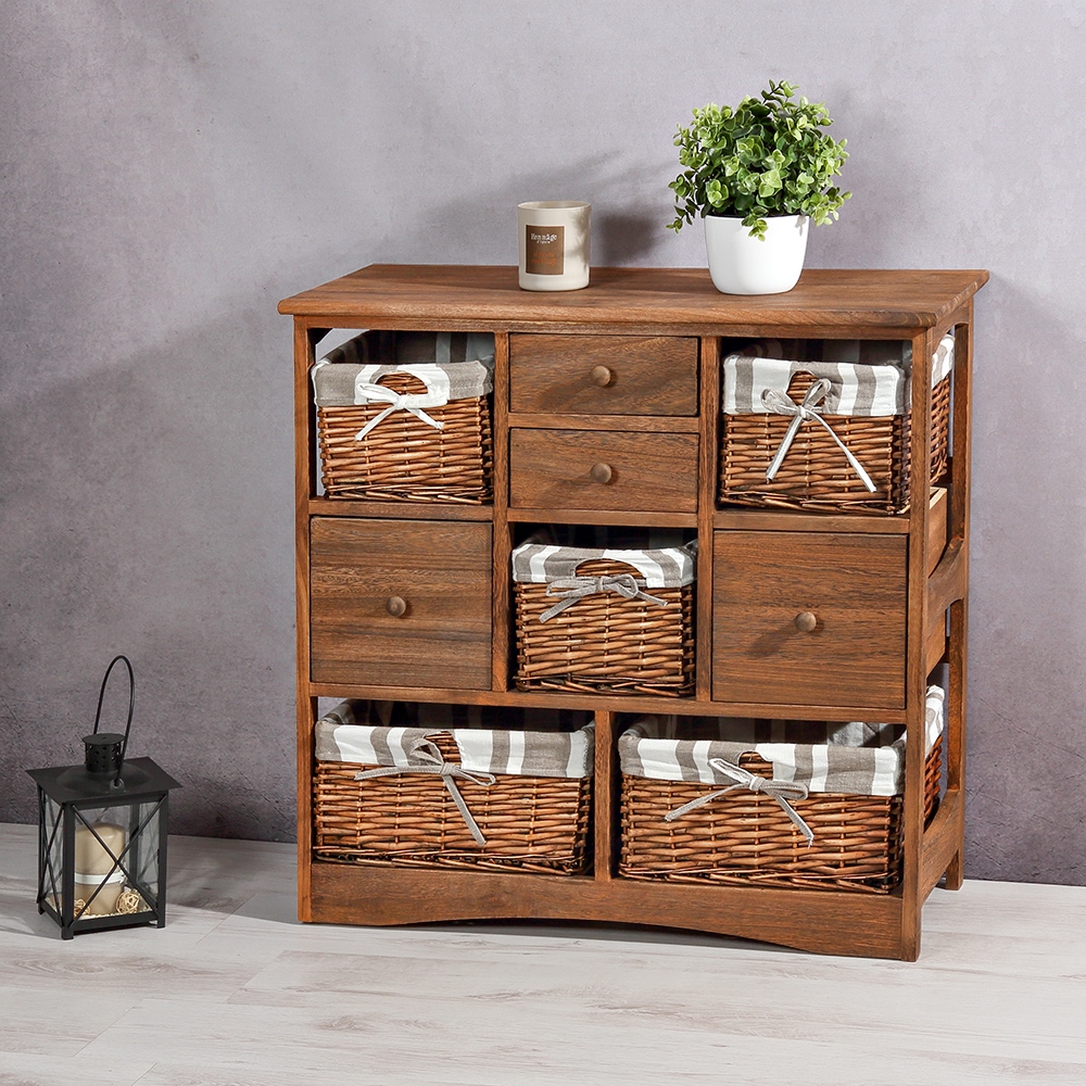 Kommode mit Körben und Schubfächern shabby braun