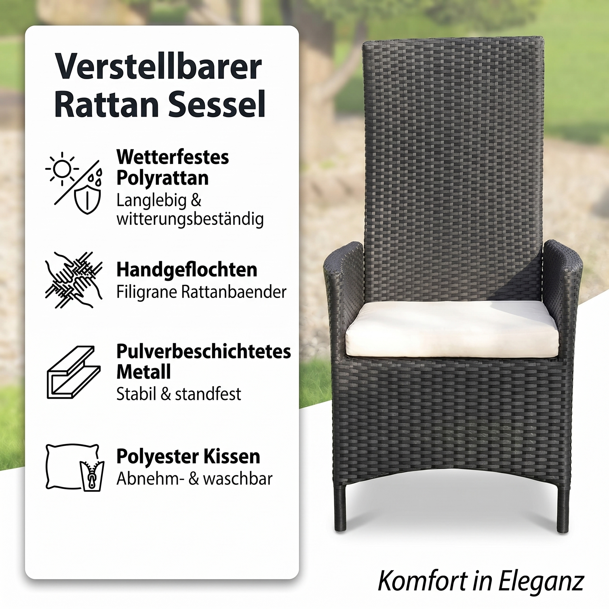 Garten hochlehner Sessel + Kissen Stuhl Balkon Sitzmöbel Rattansessel schwarz