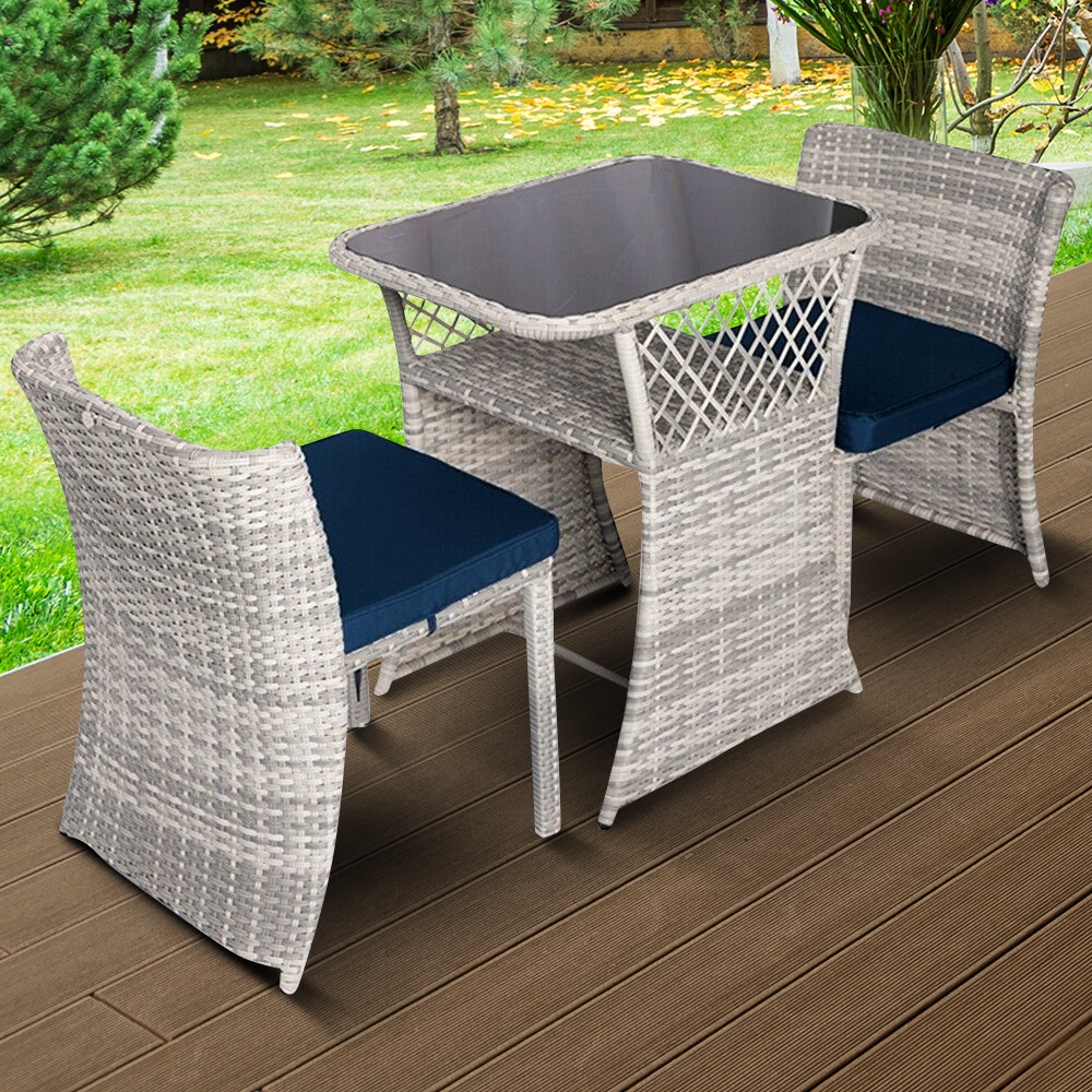 3tlg. Polyrattan Balkonset & Glastisch – Grau/Blau