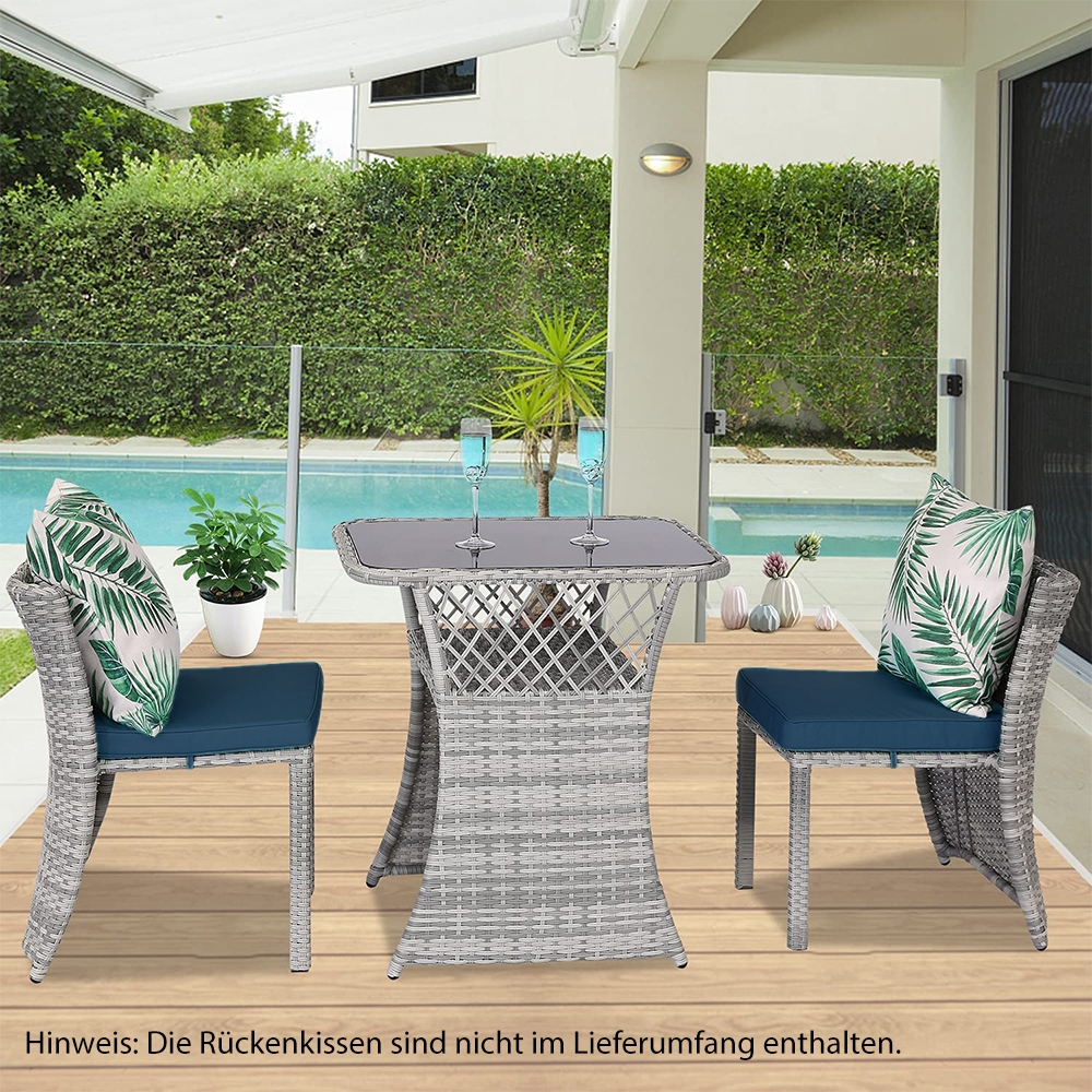 Gartenmöbel Set 3-teilig – 2 Stühle + Tisch Mit Glasplatte, Polyrattan & Metallgestell – Bistro-Set Für Balkon, Terrasse & Garten – Grau Gartentisch 60 Cm