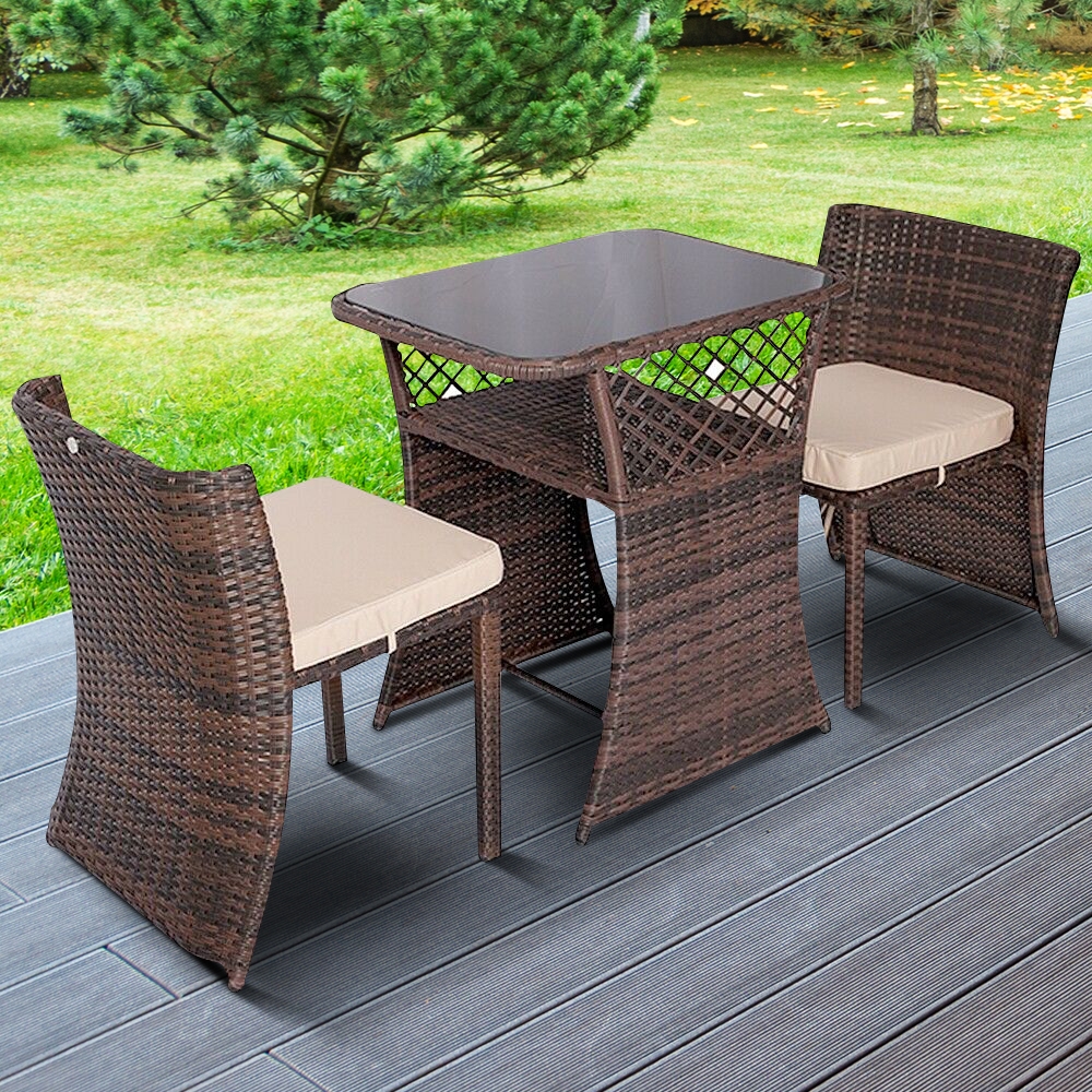 3tlg. Polyrattan Balkonset & Glastisch– Braun/Kaki