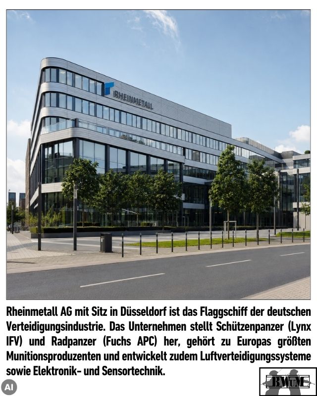 Rheinmetall AG mit Sitz in Düsseldorf ist das Flaggschiff der deutschen Verteidigungsindustrie. Das Unternehmen stellt Schützenpanzer (Lynx IFV) und Radpanzer (Fuchs APC) her, gehört zu Europas größten Munitionsproduzenten und entwickelt zudem Luftverteidigungssysteme sowie Elektronik- und Sensortechnik.