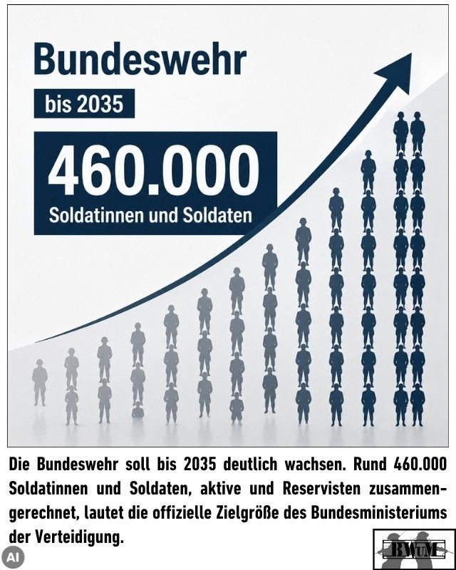 Die Bundeswehr soll bis 2035 deutlich wachsen. Rund 460.000 Soldatinnen und Soldaten, aktive und Reservisten zusammen-gerechnet, lautet die offizielle Zielgröße des Bundesministeriums der Verteidigung.