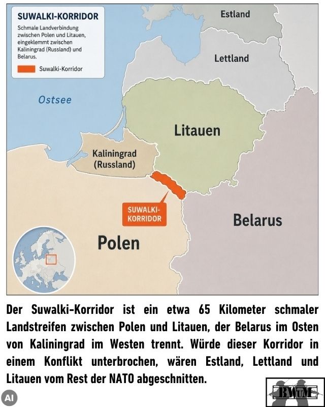 Der Suwalki-Korridor ist ein etwa 65 Kilometer schmaler Landstreifen zwischen Polen und Litauen, der Belarus im Osten von Kaliningrad im Westen trennt. Würde dieser Korridor in einem Konflikt unterbrochen, wären Estland, Lettland und Litauen vom Rest der NATO abgeschnitten.