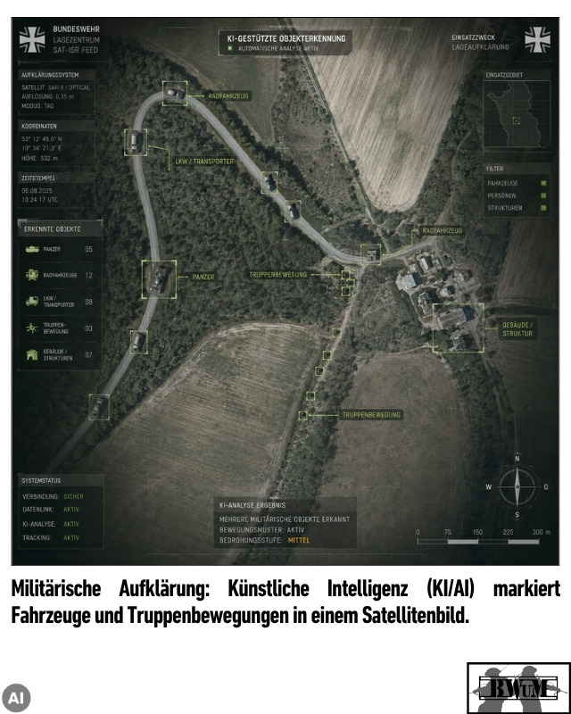 Militärische Aufklärung: Künstliche Intelligenz (KI/AI) markiert Fahrzeuge und Truppenbewegungen in einem Satellitenbild.
