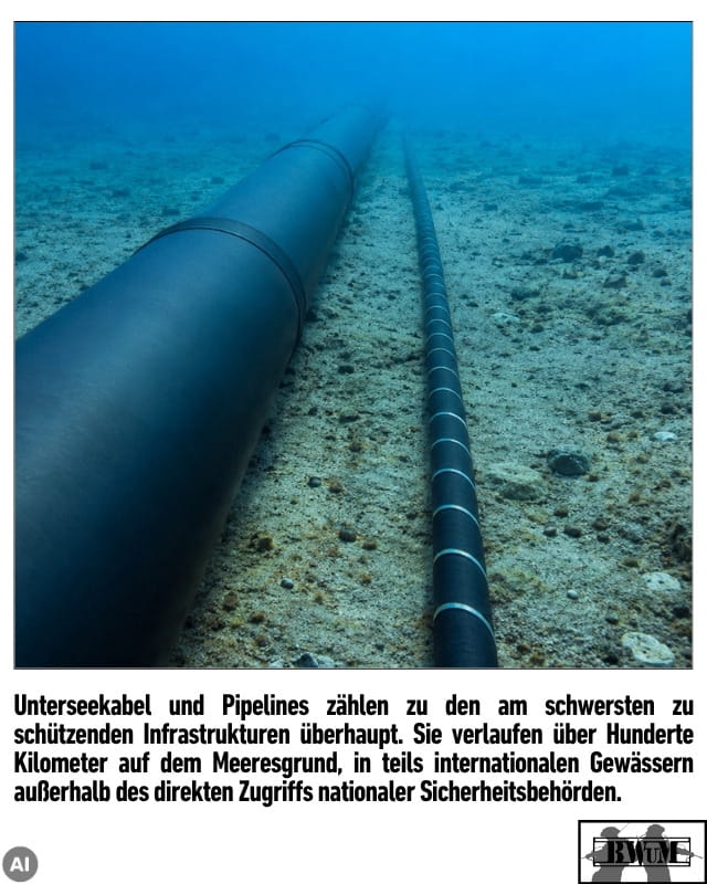 Unterseekabel und Pipelines zählen zu den am schwersten zu schützenden Infrastrukturen überhaupt. Sie verlaufen über Hunderte Kilometer auf dem Meeresgrund, in teils internationalen Gewässern außerhalb des direkten Zugriffs nationaler Sicherheitsbehörden.