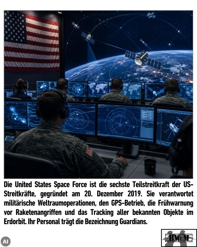Die United States Space Force ist die sechste Teilstreitkraft der US-Streitkräfte, gegründet am 20. Dezember 2019. Sie verantwortet militärische Weltraumoperationen, den GPS-Betrieb, die Frühwarnung vor Raketenangriffen und das Tracking aller bekannten Objekte im Erdorbit. Ihr Personal trägt die Bezeichnung Guardians.