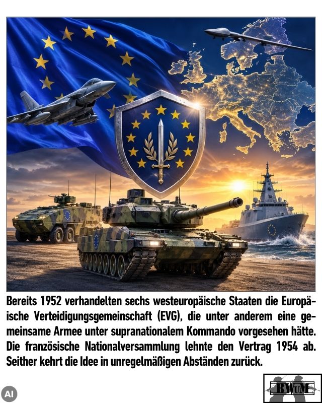 Bereits 1952 verhandelten sechs westeuropäische Staaten die Europäische Verteidigungsgemeinschaft (EVG), die unter anderem eine gemeinsame Armee unter supranationalem Kommando vorgesehen hätte. Die französische Nationalversammlung lehnte den Vertrag 1954 ab. Seither kehrt die Idee in unregelmäßigen Abständen zurück.