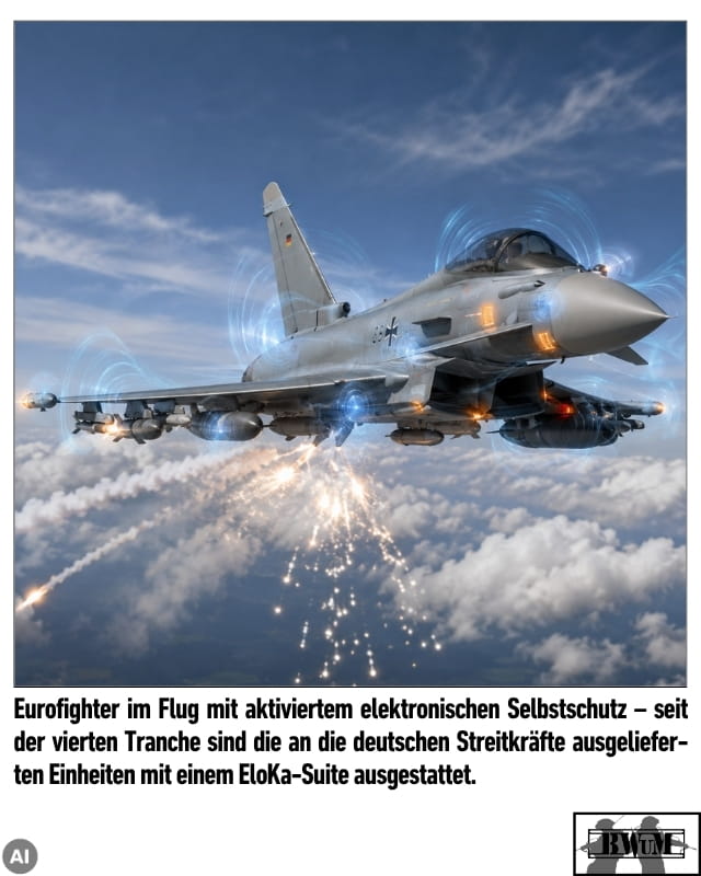 Eurofighter im Flug mit aktiviertem elektronischen Selbstschutz – seit der vierten Tranche sind die an die deutschen Streitkräfte ausgelieferten Einheiten mit einem EloKa-Suite ausgestattet.