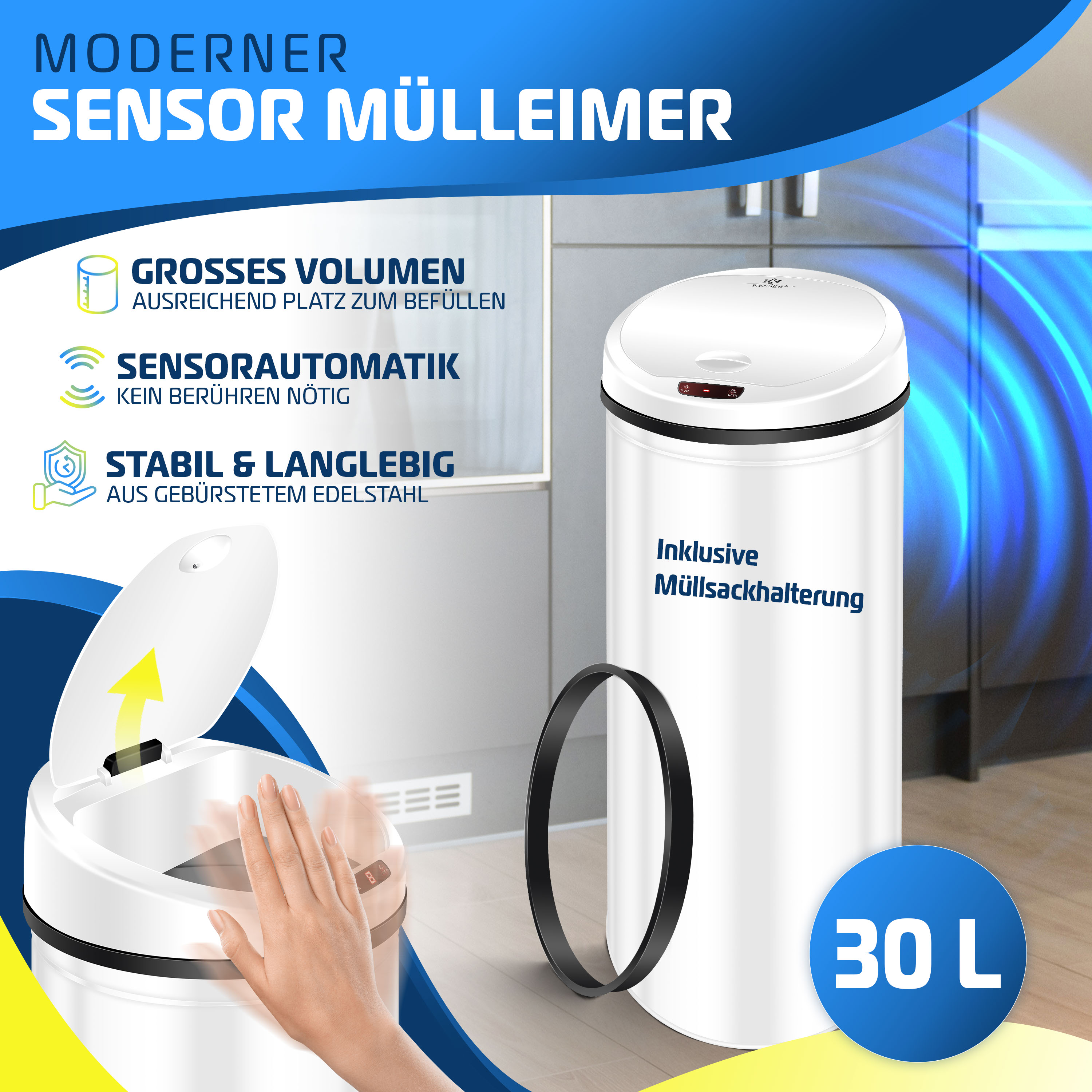 KESSER® Automatischer Mülleimer mit Sensor - Elektrischer Abfalleimer aus Edelstahl, Berührungslos Öffnend, Geräuscharm für Küche Bad Büro mit Müllsackhalter | eShopping