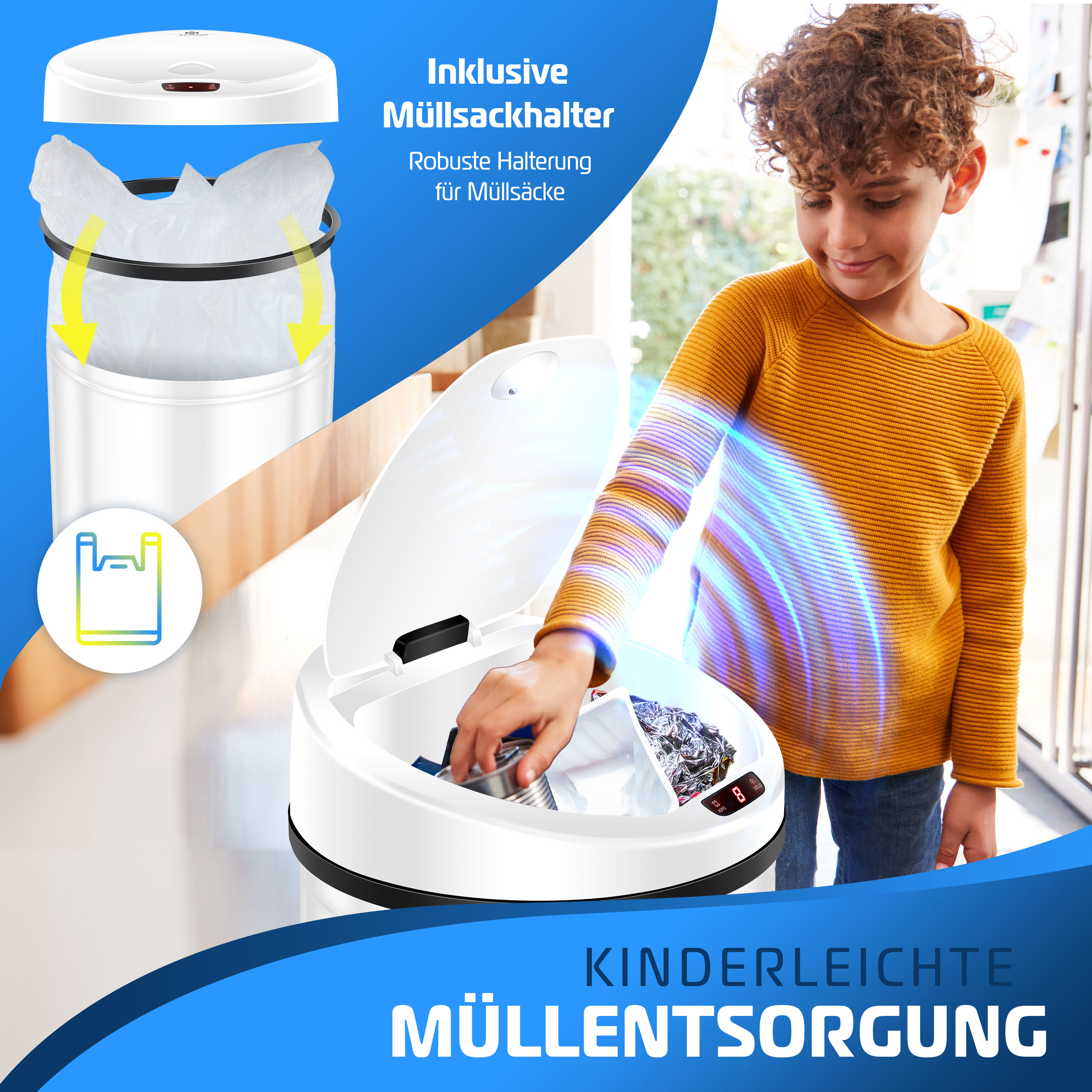 KESSER® Automatischer Mülleimer mit Sensor - Elektrischer Abfalleimer aus Edelstahl, Berührungslos Öffnend, Geräuscharm für Küche Bad Büro mit Müllsackhalter | eShopping