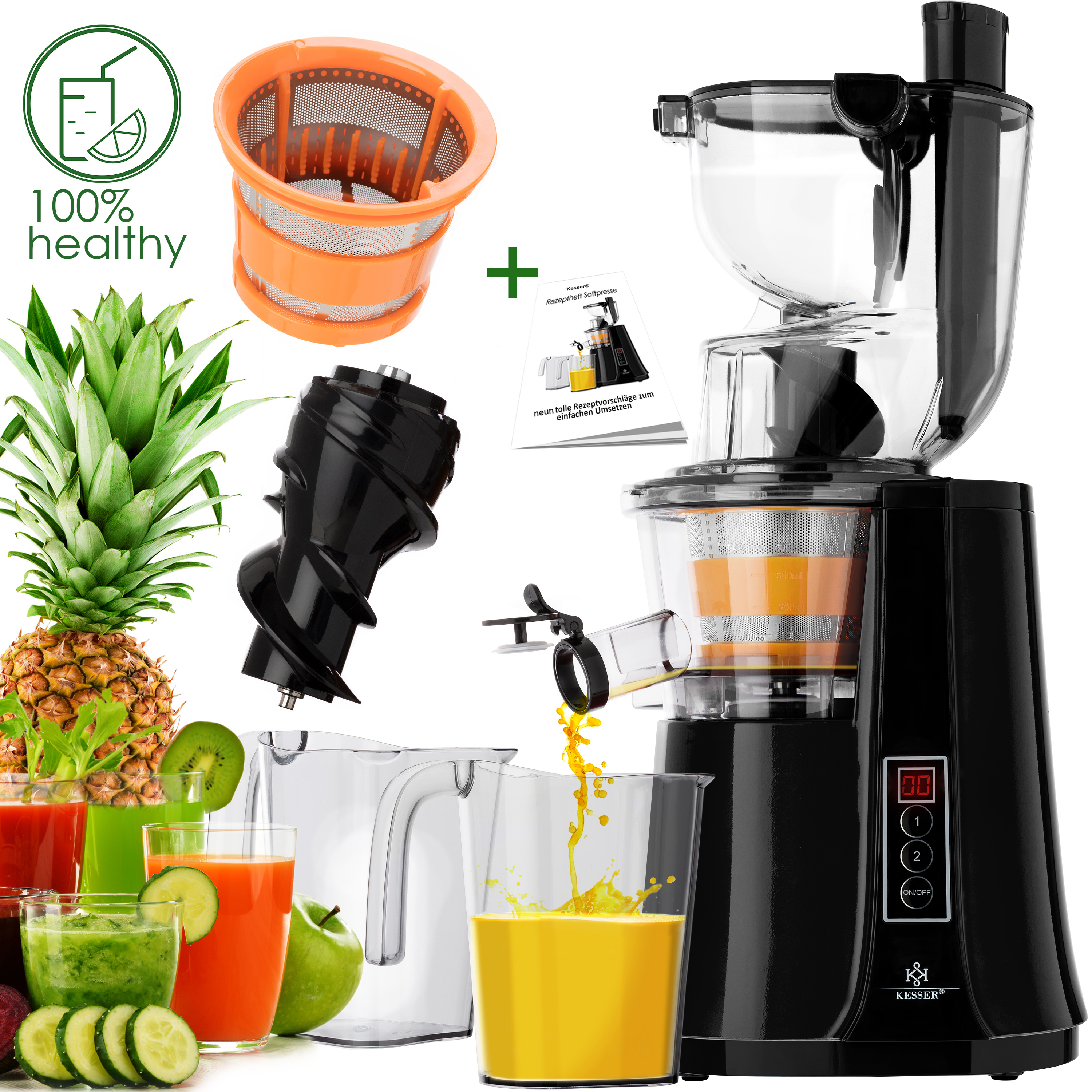 KESSER® Slow Juicer Entsafter Edelstahl | Saftpresse Obstpresse | 500 Watt | XXL-Einfüllöffnung | Vor-und Rücklauf | 81mm Einfüllöffnung | inkl. 2x Auffangbehälter | Obst und Gemüse ohne Vorschneiden | eShopping