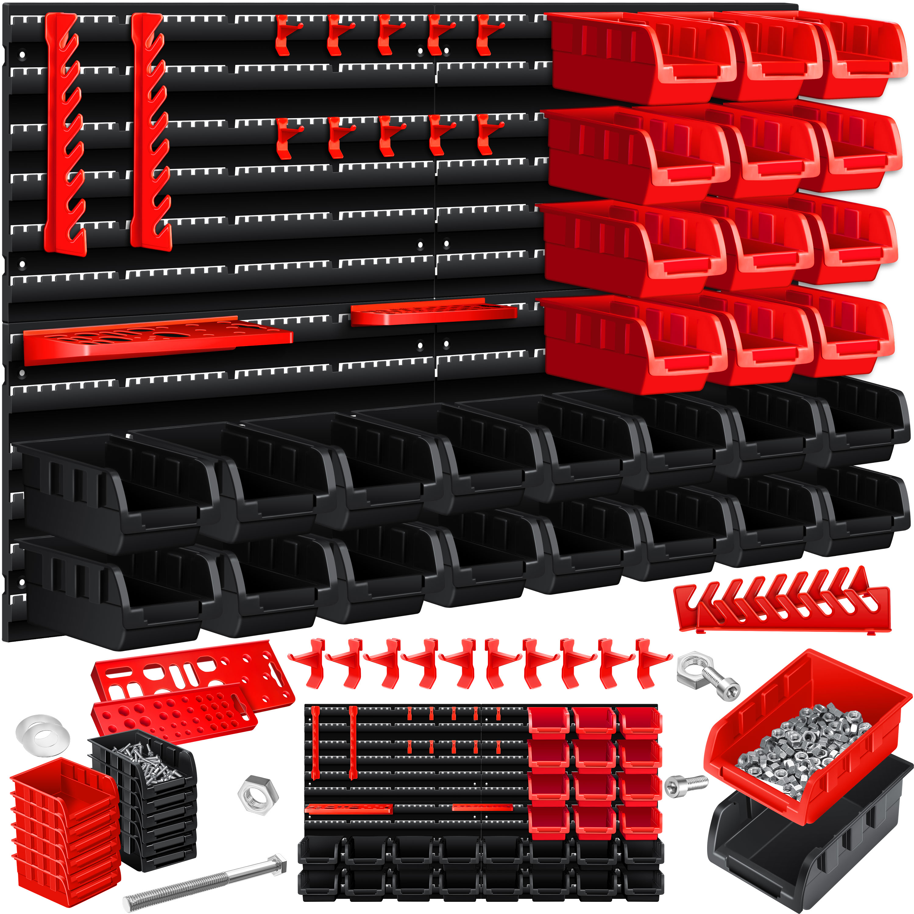 MASKO® Wandregal + Stapelboxen + Werkzeughalter | 45 tlg Box | Erweiterbar | Werkstattregal Lagerregal Steckregal Set Box | Sichtlagerkästen