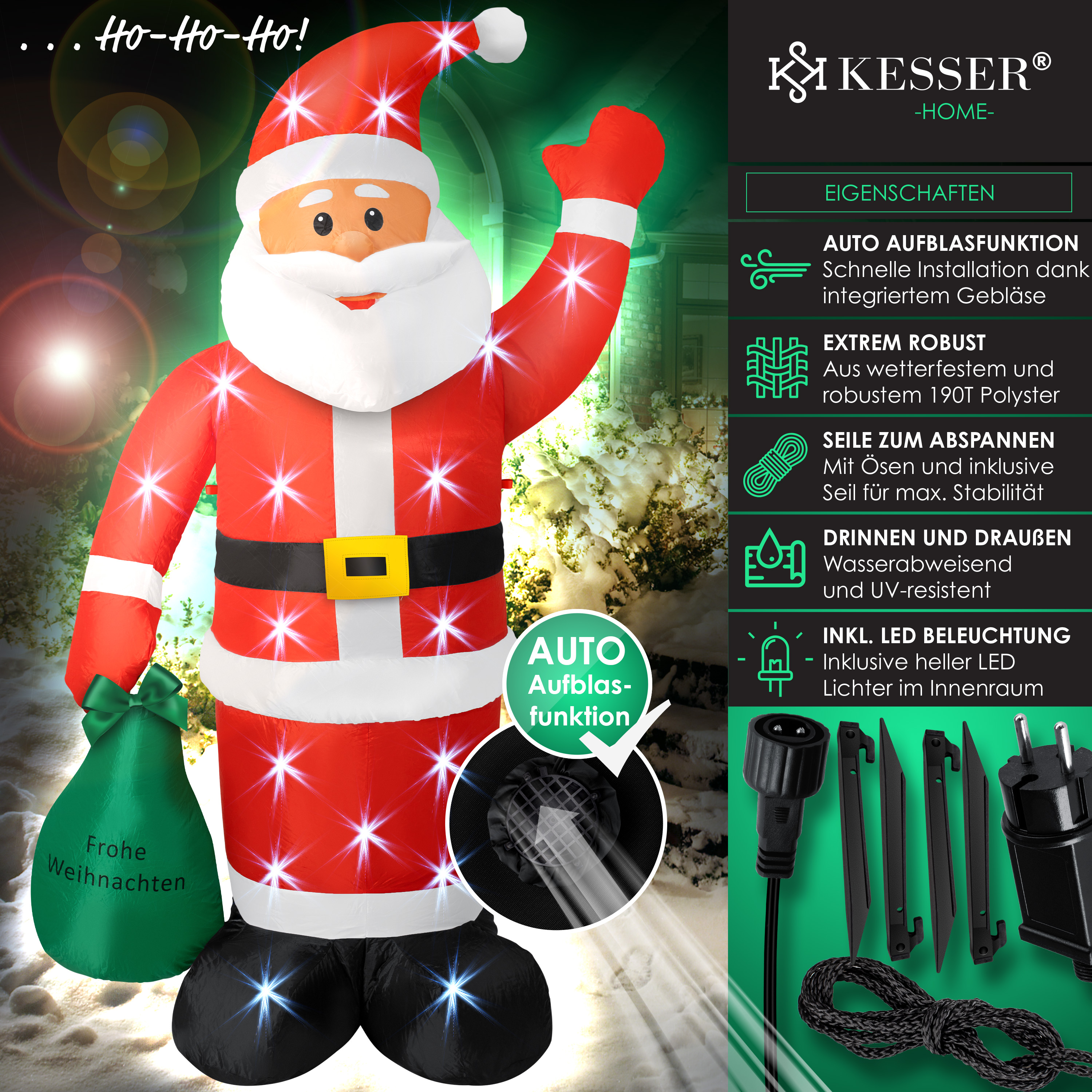 KESSER® Aufblasbarer Weihnachtsmann XXL LED beleuchtet inkl. Befestigungsmaterial Weihnachtsdekoration Weihnachtsdeko Figur , geräuscharmes Gebläse, Nikolaus Santa witterungsbeständig IP44 | eShopping