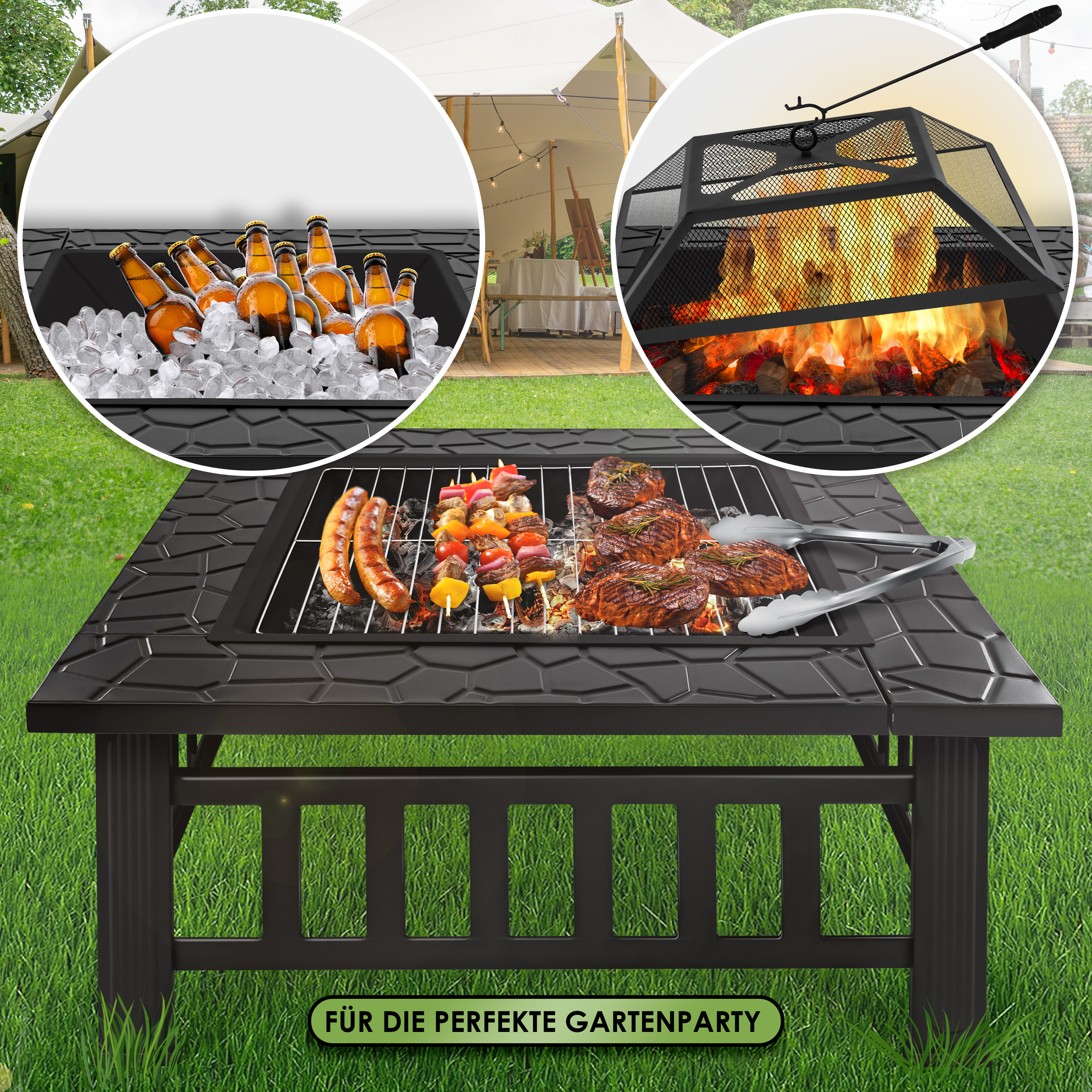 KESSER® Feuerstelle mit Grillrost & Grillzange Feuerschale 82x82x50cm, 3in1 Multifunktional Fire Pit für Heizung/BBQ Grill, Garten Terrasse , Metall Feuerkorb mit Schutzhülle Schürhaken Funkenschutz | eShopping