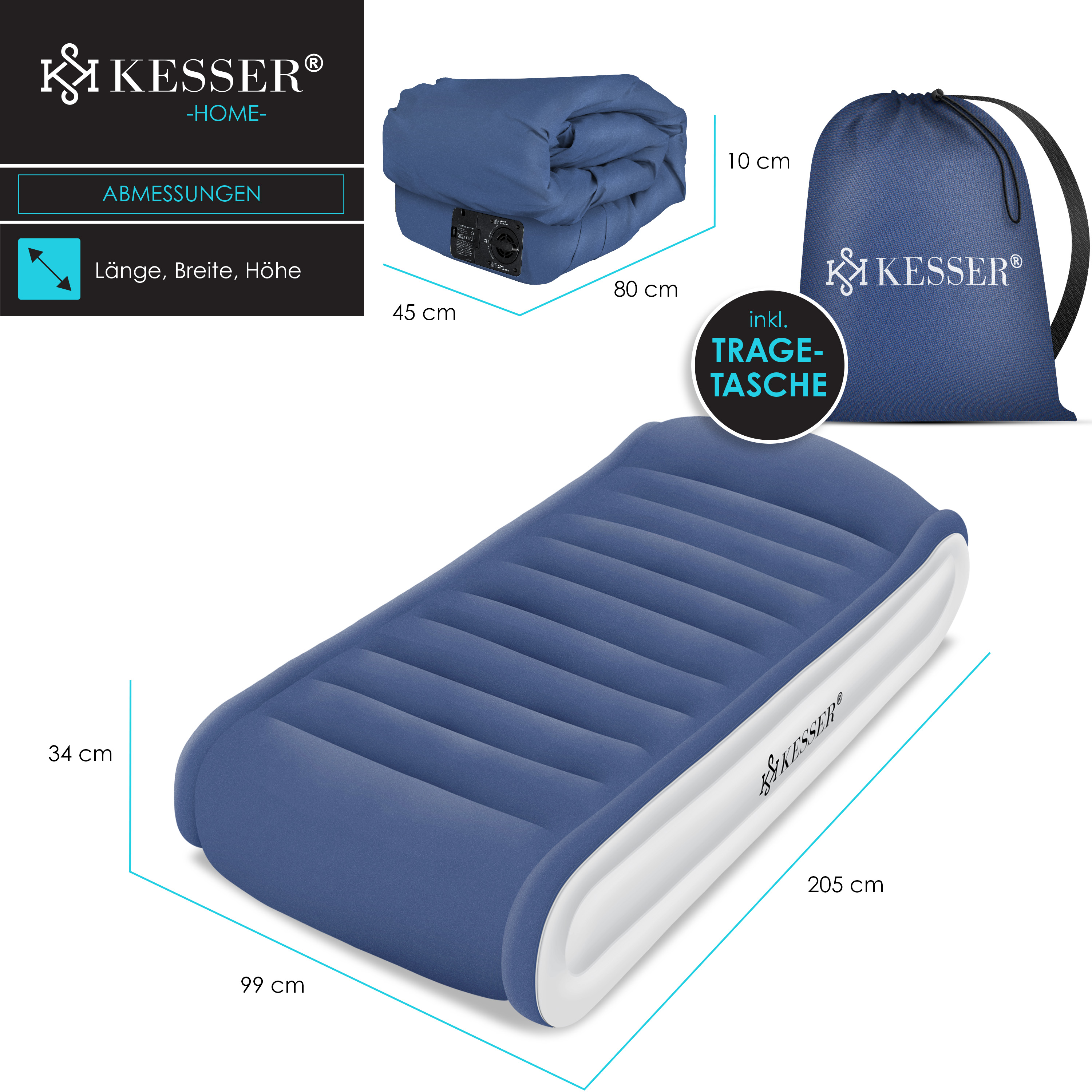 KESSER® Aufblasbare Matratze Deluxe Luftbett mit eingebauter elektrischer Pumpe integrierte erhöhte aufblasbare Matratze mit Aufbewahrungstasche und