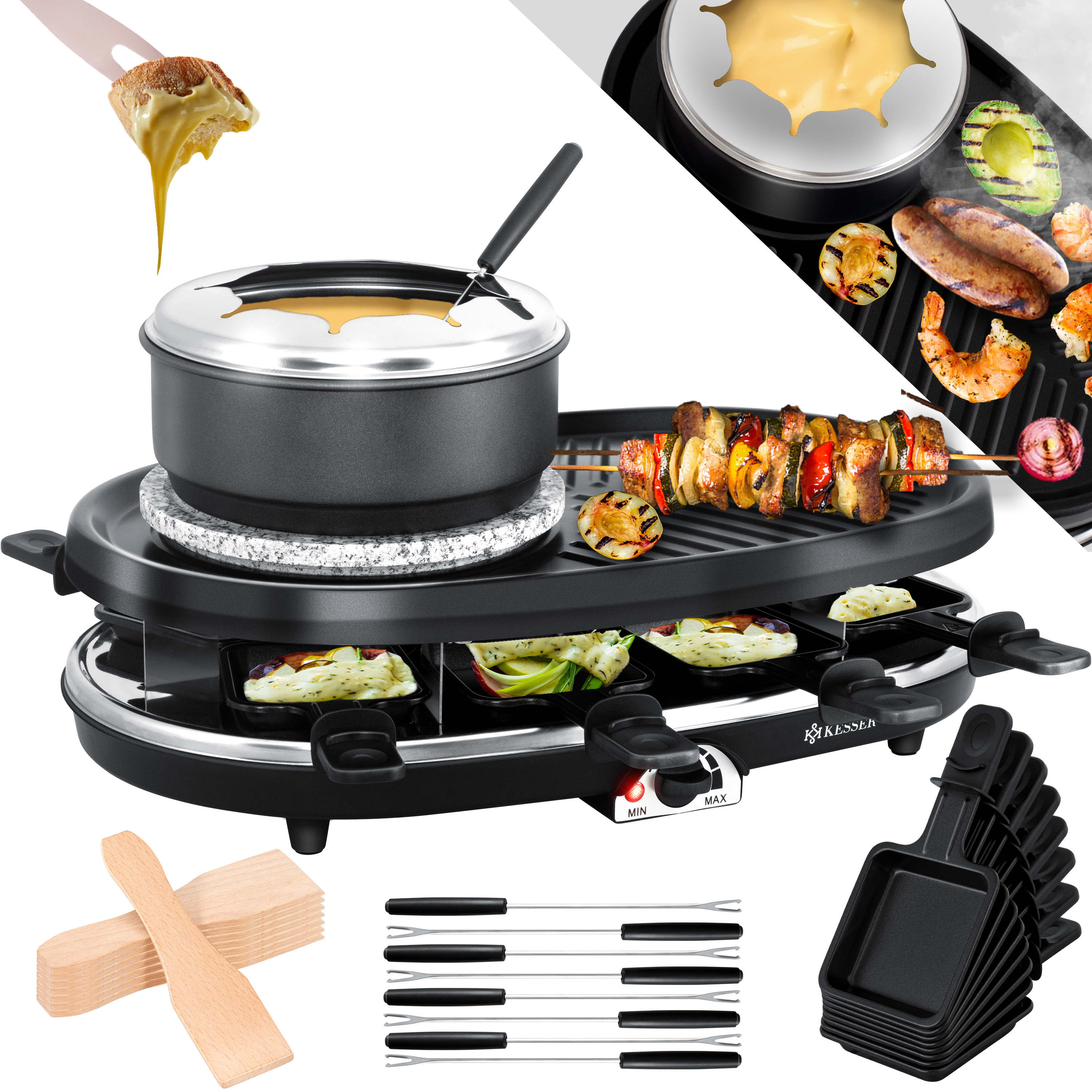 KESSER® 3in1 Raclette-Grill mit Naturgrillstein, Grillplatte und Fondue, Tischgrill für 8 Personen, Elektrogrill Raclette Grill antihaftbeschichteter Grillplatte, 8 Pfannen und Holzspatel | eShopping