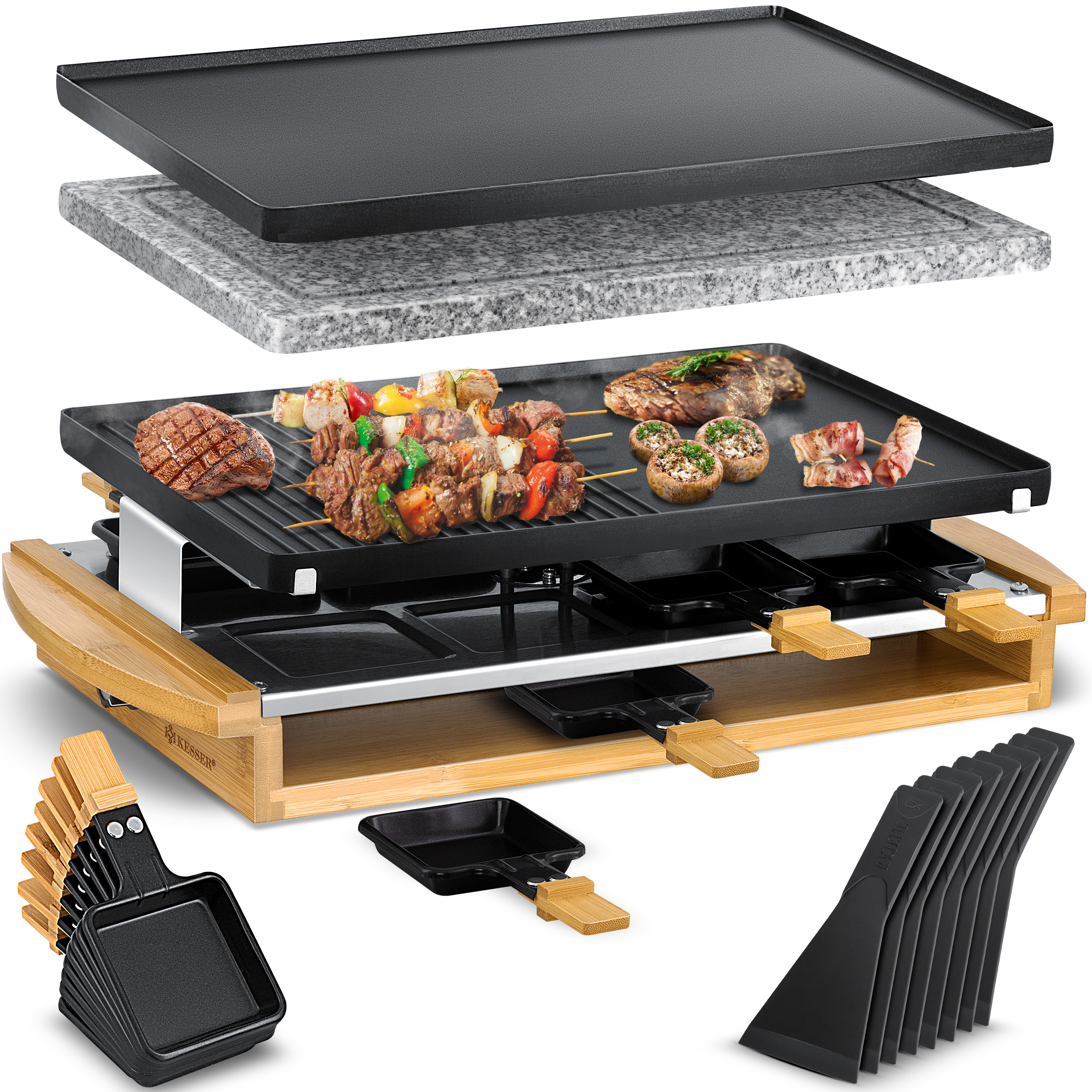 KESSER® Raclette-Grill mit Naturgrillstein, Grillplatte Tischgrill für 8 Personen, Elektrogrill Raclette Grill antihaftbeschichteter Grillplatte, 8