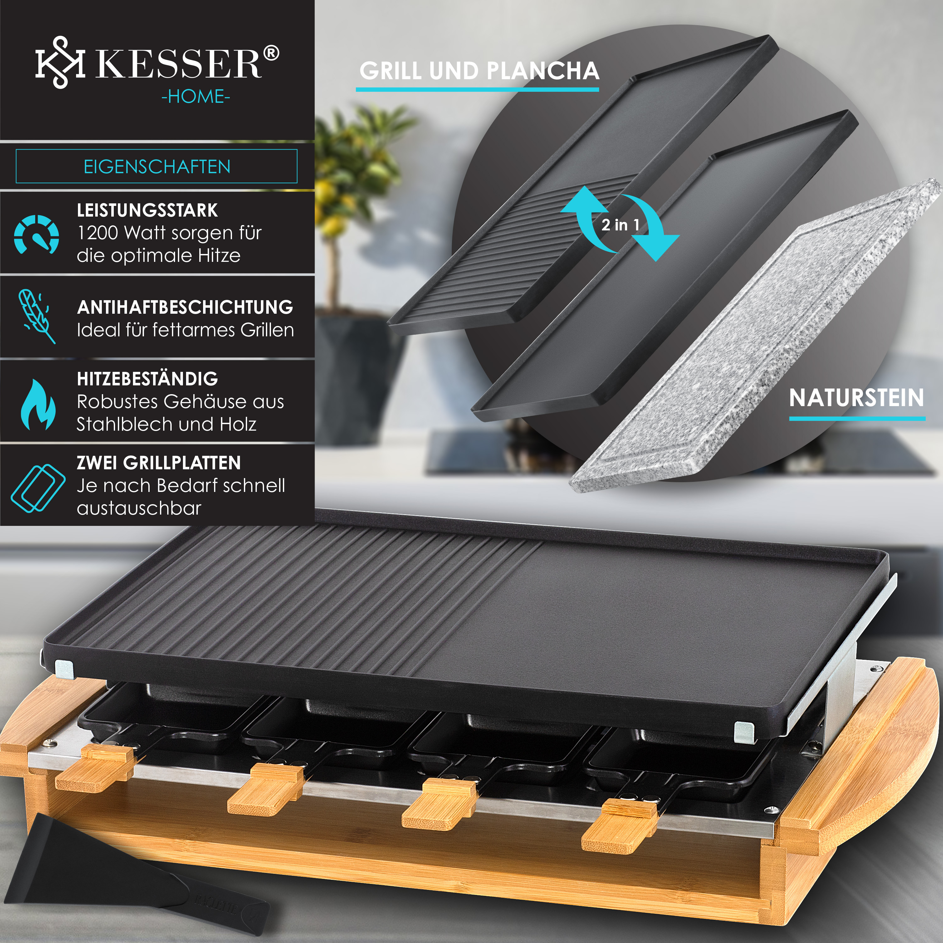KESSER® Raclette-Grill mit Naturgrillstein, Grillplatte Tischgrill für 8 Personen, Elektrogrill Raclette Grill antihaftbeschichteter Grillplatte, 8