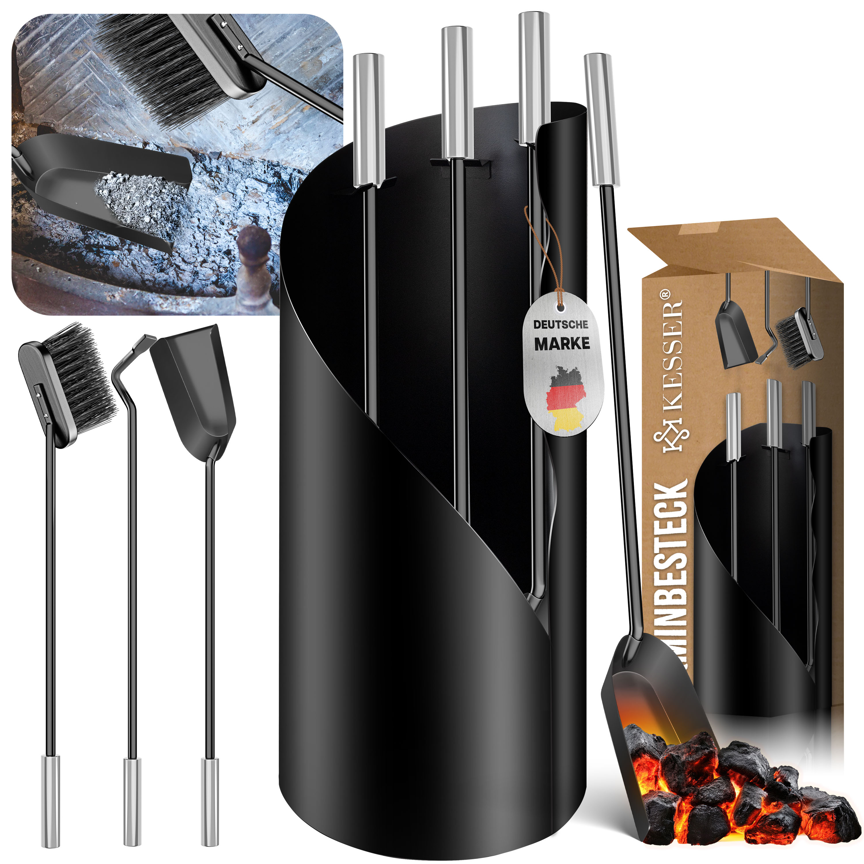 KESSER® Kaminbesteck Set 4-teiliges Kaminzubehör – Modern Design, beschichtet, Hochwertige Kamingarnitur aus 4 Teilen: Besen, Schaufel, Schürhaken,