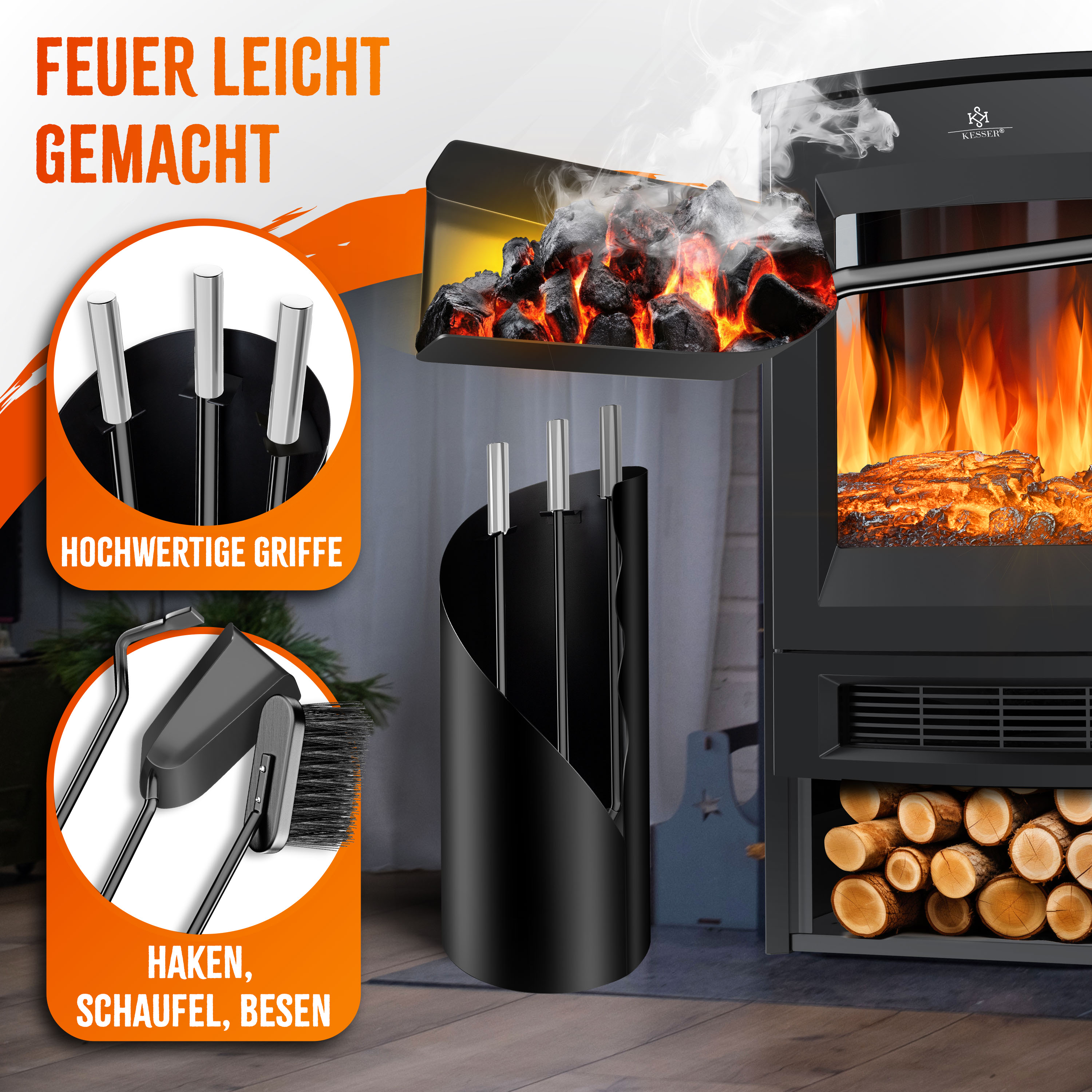 KESSER® Kaminbesteck Set 4-teiliges Kaminzubehör – Modern Design, beschichtet, Hochwertige Kamingarnitur aus 4 Teilen: Besen, Schaufel, Schürhaken, Ständer Stahl Edelstahlgriffe | eShopping