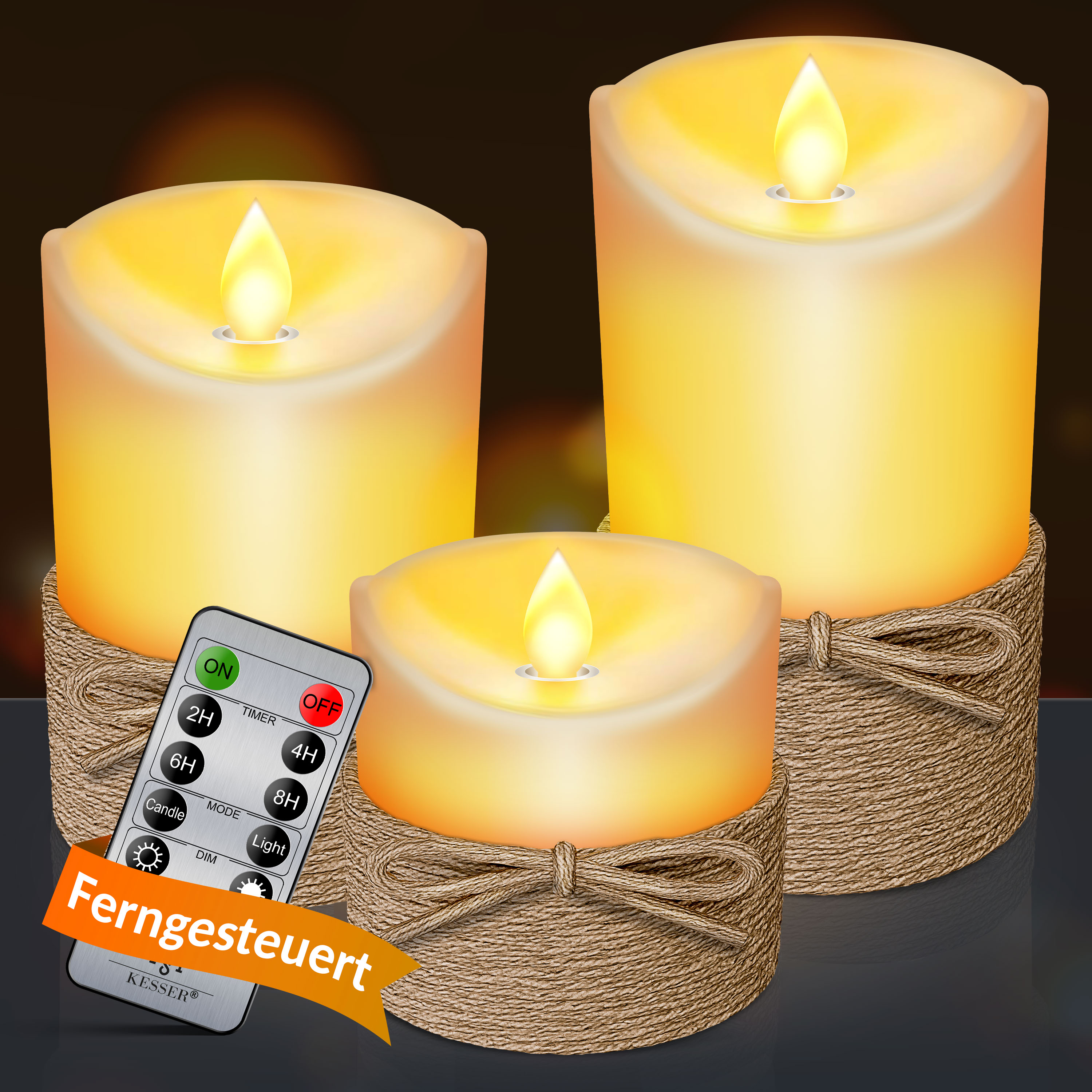 KESSER® LED Kerzen 3er Set Flammenlose Kerze mit Fernbedienung Timerfunktion Timer Dimmer Echtwachskerze 10cm 12,5cm 15cm Hoch Realistisch Flackernde