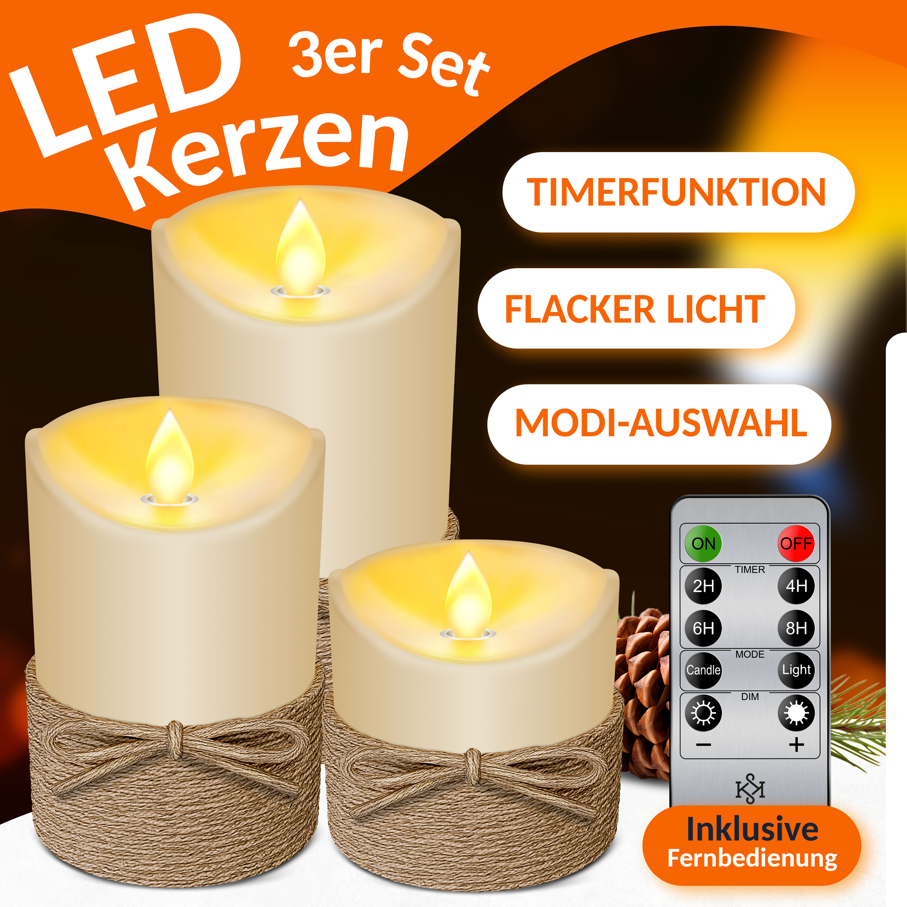 KESSER® LED Kerzen 3er Set Flammenlose Kerze mit Fernbedienung Timerfunktion Timer Dimmer Echtwachskerze 10cm 12,5cm 15cm Hoch Realistisch Flackernde