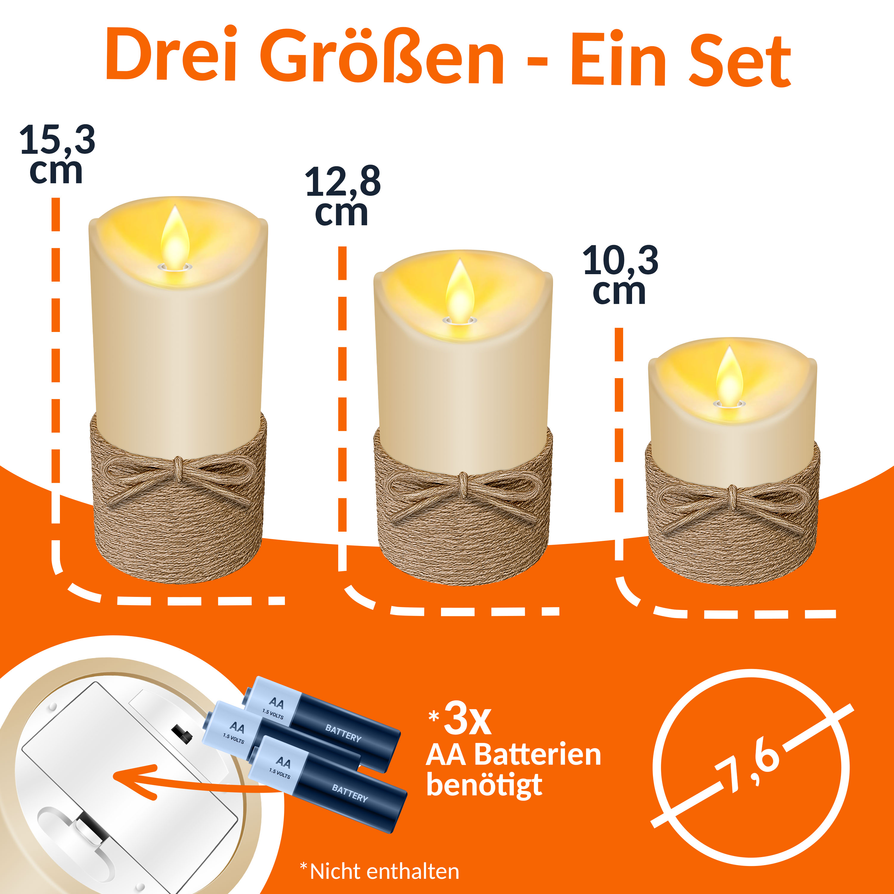 KESSER® LED Kerzen 3er Set Flammenlose Kerze mit Fernbedienung Timerfunktion Timer Dimmer Echtwachskerze 10cm 12,5cm 15cm Hoch Realistisch Flackernde