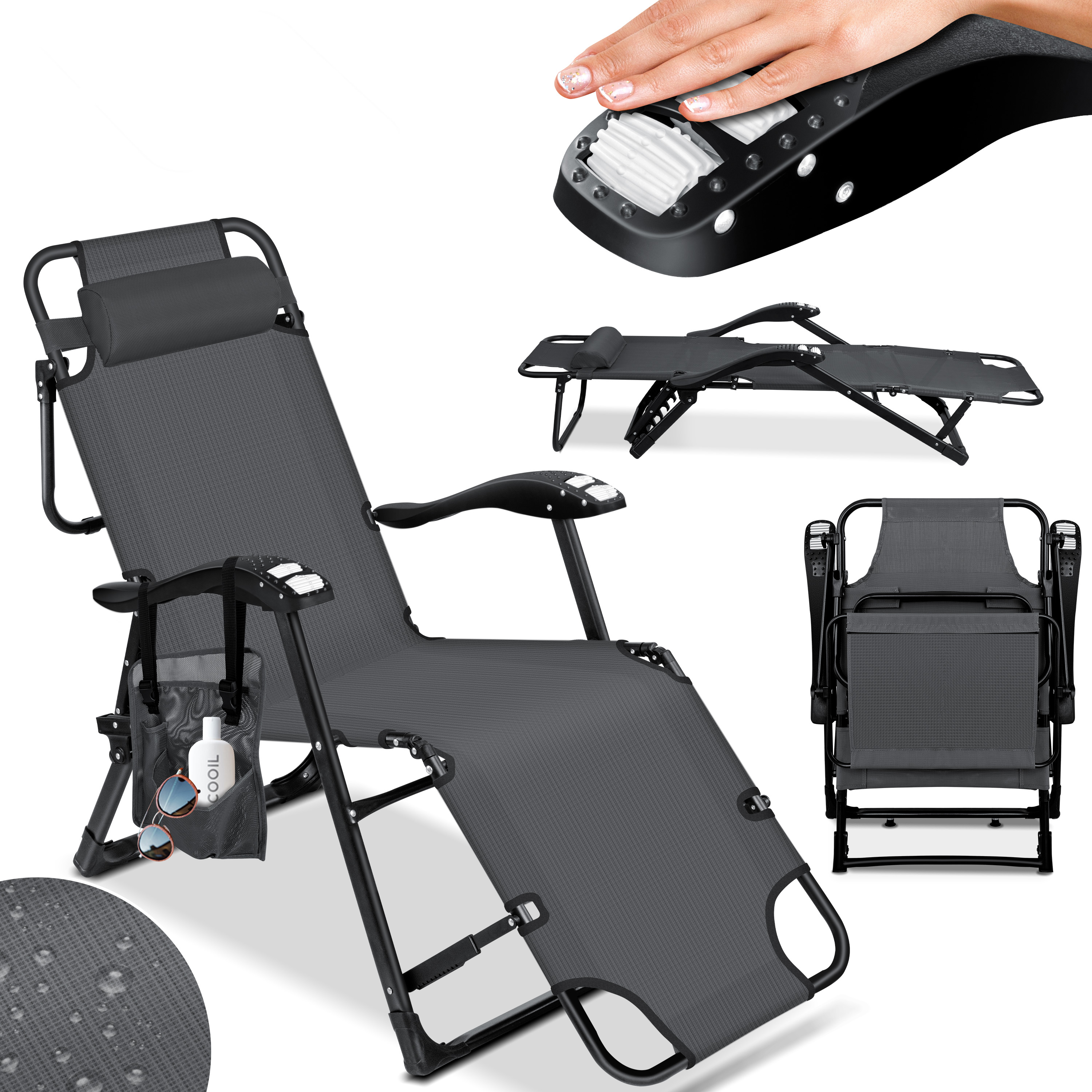 KESSER® Sonnenliege Liegestuhl Gartenliege klappbar Mit Sonnendach Inkl. Kopfkissen, Massagefunktion + Tasche